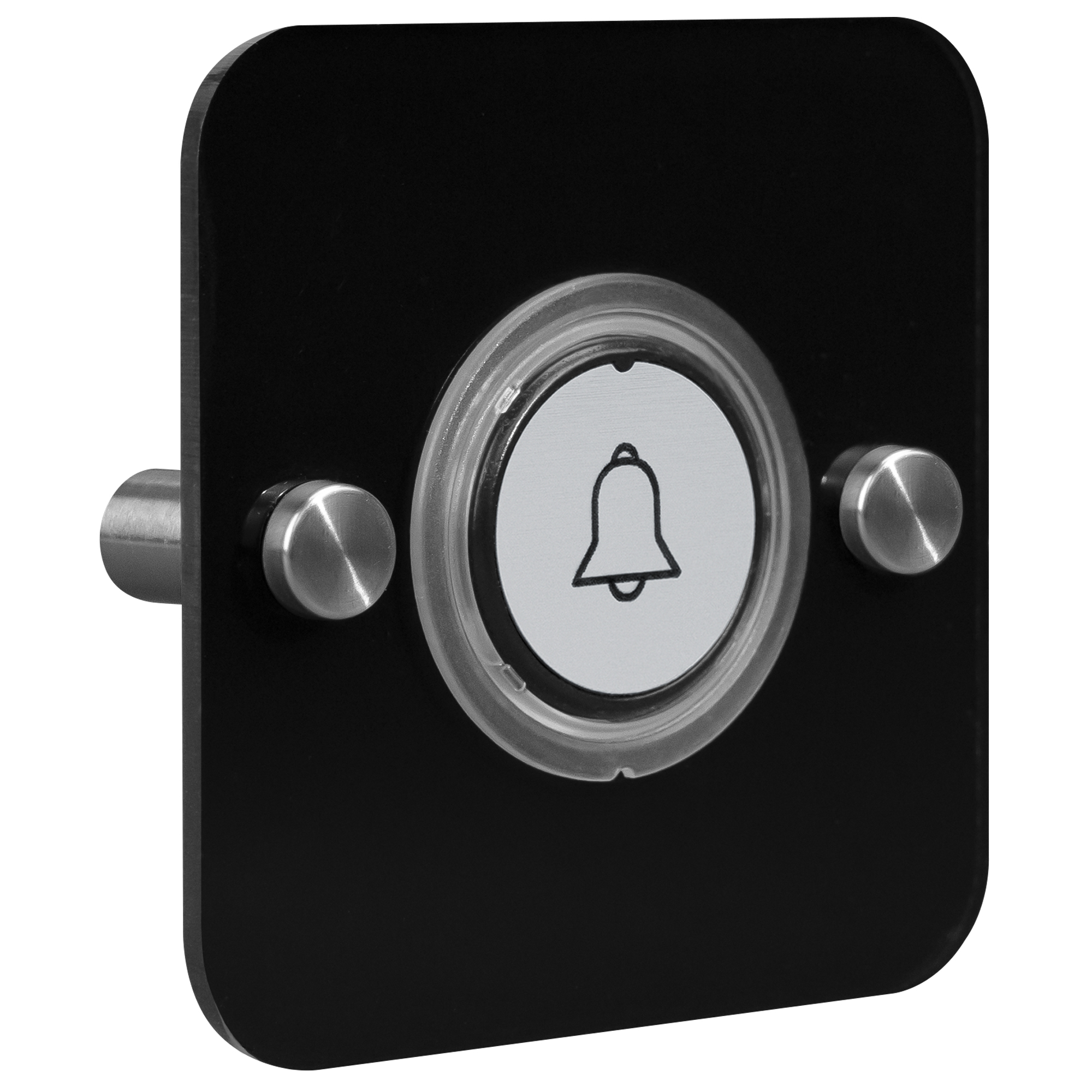 Funksender mit schwarzer Acrylblende, runder Taste mit Glockensymbol und seitlichen Edelstahlhalterungen, Aufputzmontage.