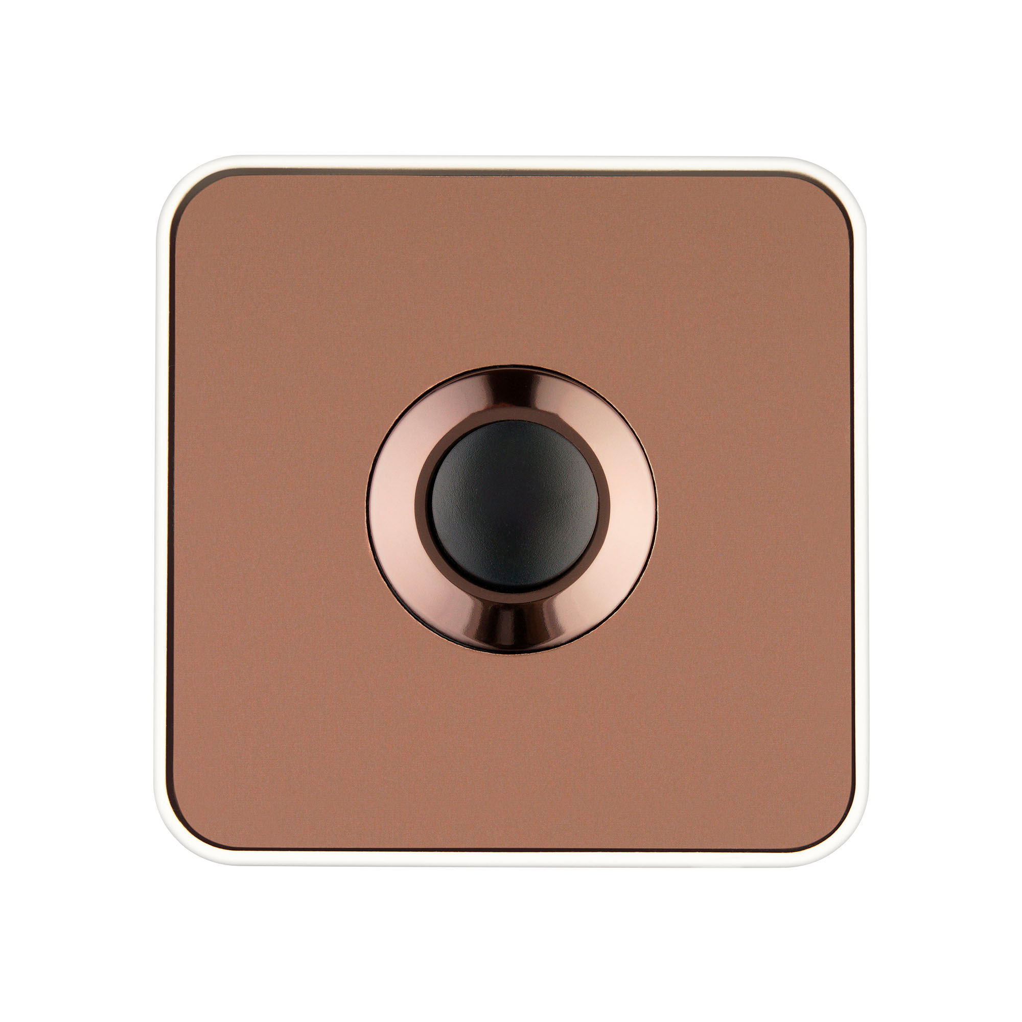 Quadratische Klingelplatte in Kupferoptik mit schwarzem Drucktaster und abgerundeten Ecken, weißer Rahmen, Frontansicht.
