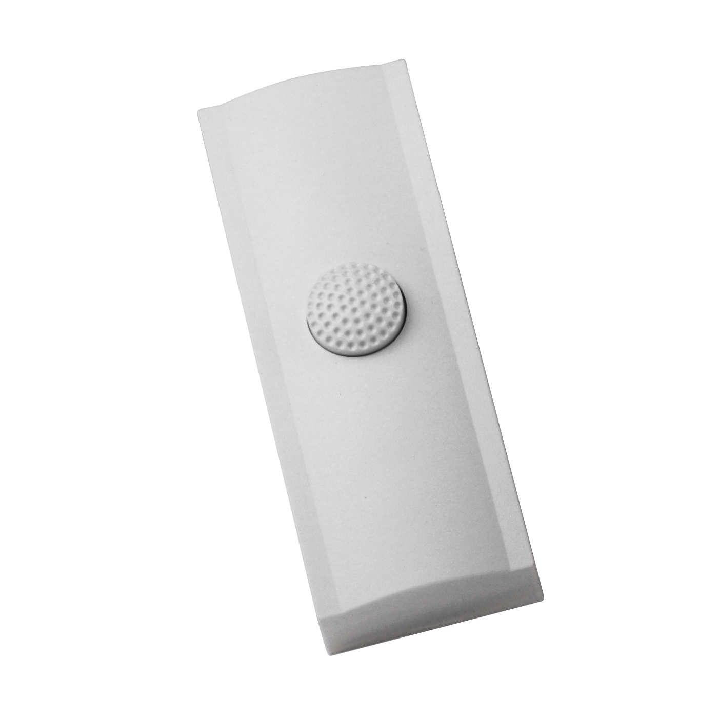 Rechteckiger, weißer Klingeltaster mit gewölbtem Gehäuse und runder, genoppter Taste in der Mitte, schräge Draufsicht.