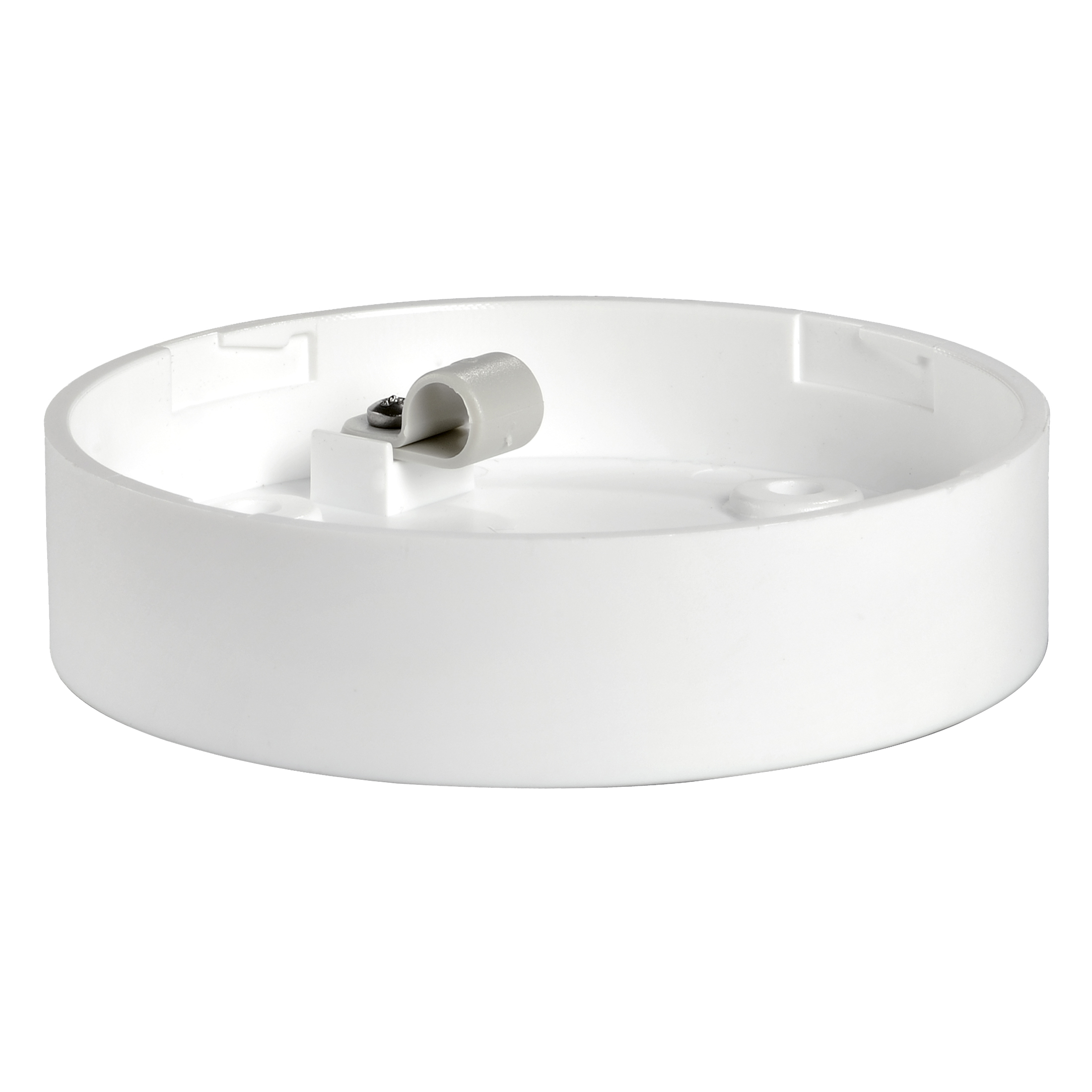 Weißes Basismodul in flacher, runder Bauform mit integrierter Klemme zur Montage von Signalgeräten.