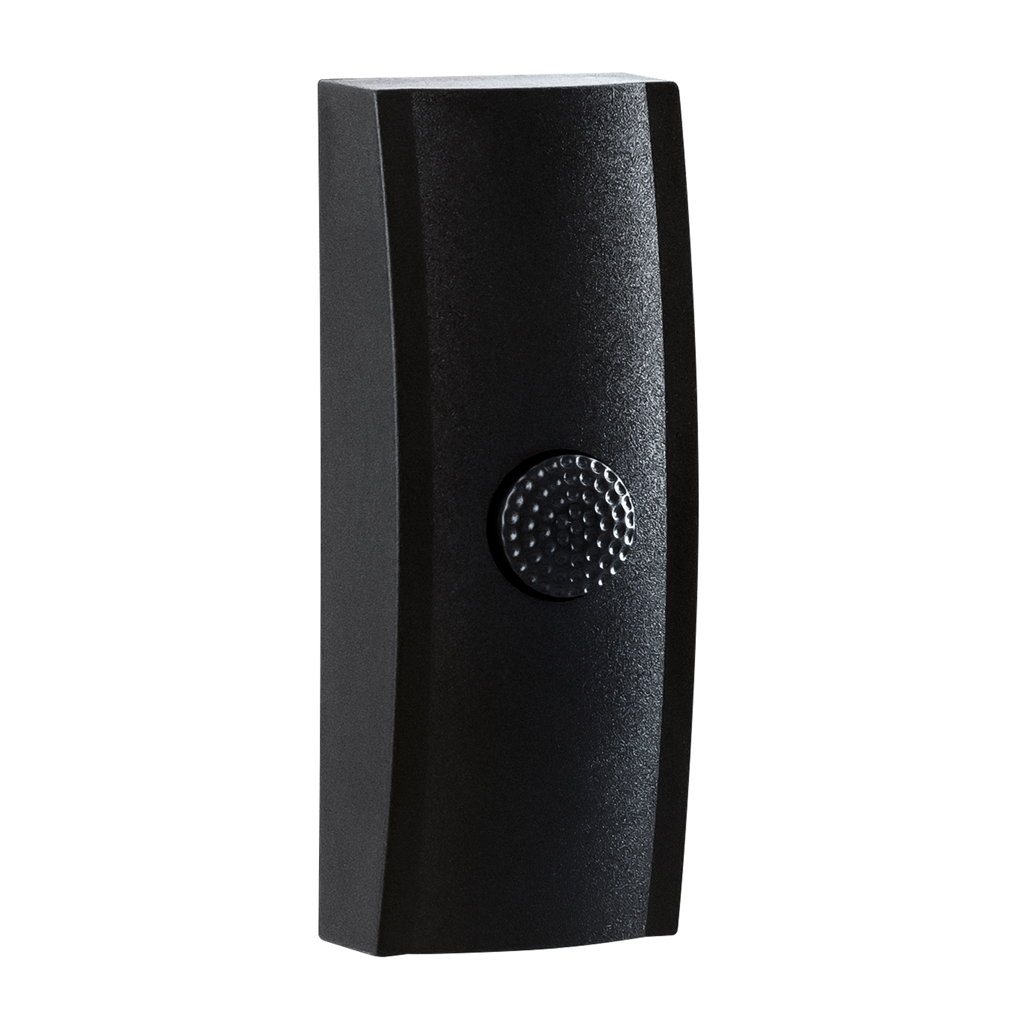Rechteckiger, schwarzer Klingeltaster mit gewölbtem Gehäuse und runder, genoppter Taste in der Mitte, schräge Draufsicht.