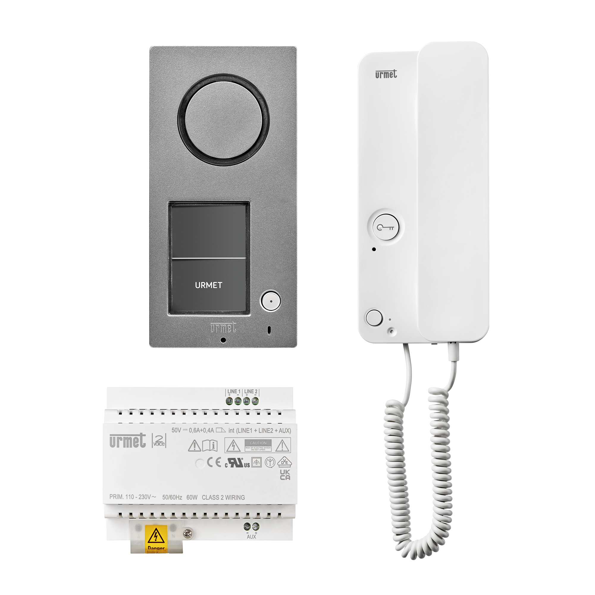 Set mit grauer Türstation, weißem Haustelefon mit Hörer und passendem Netzgerät für Türkommunikation.