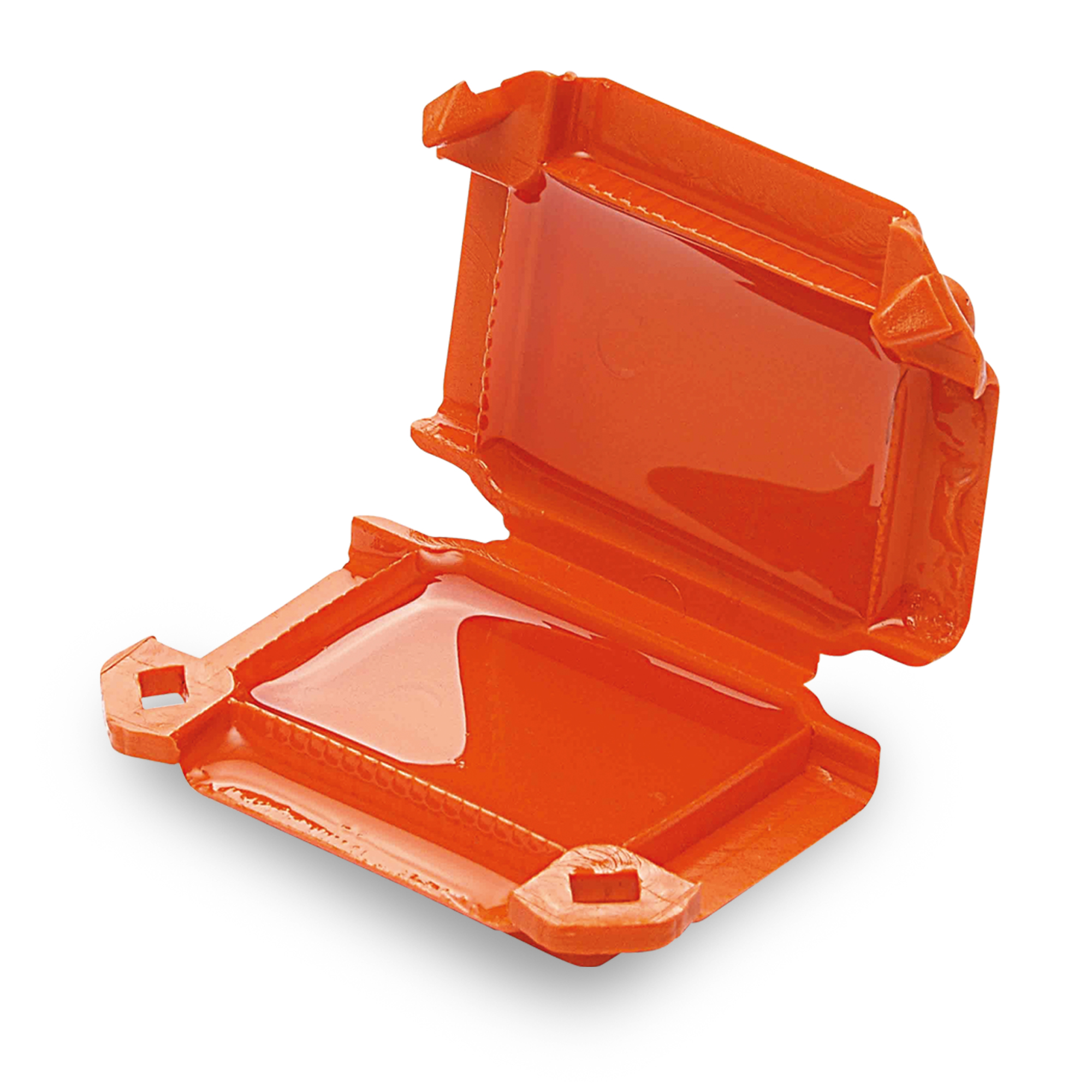 Vier orangefarbene Mikro-Verbindungsmuffen, mit Gel gefüllt, halb geöffnet