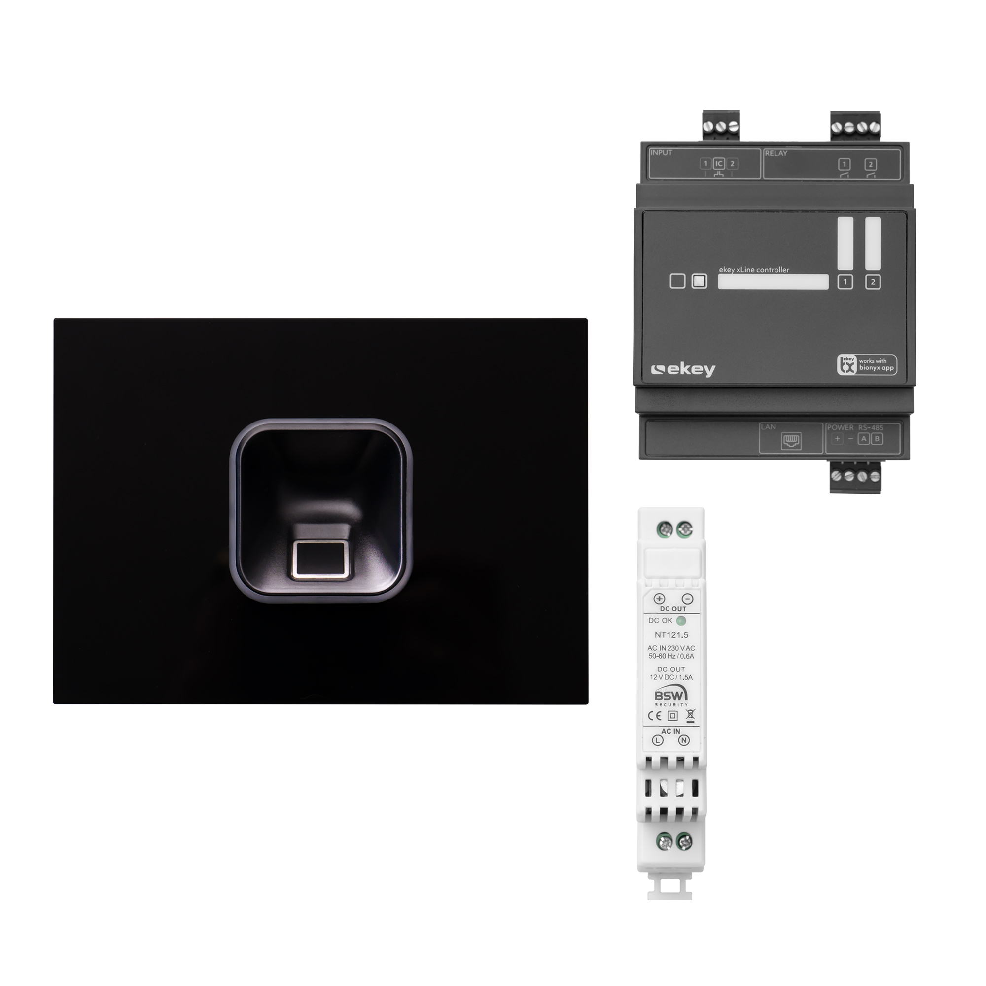 Schwarzes ALPHA Fingerprint-Modul; daneben sind ein Kontroller und ein Netzgerät zu sehen