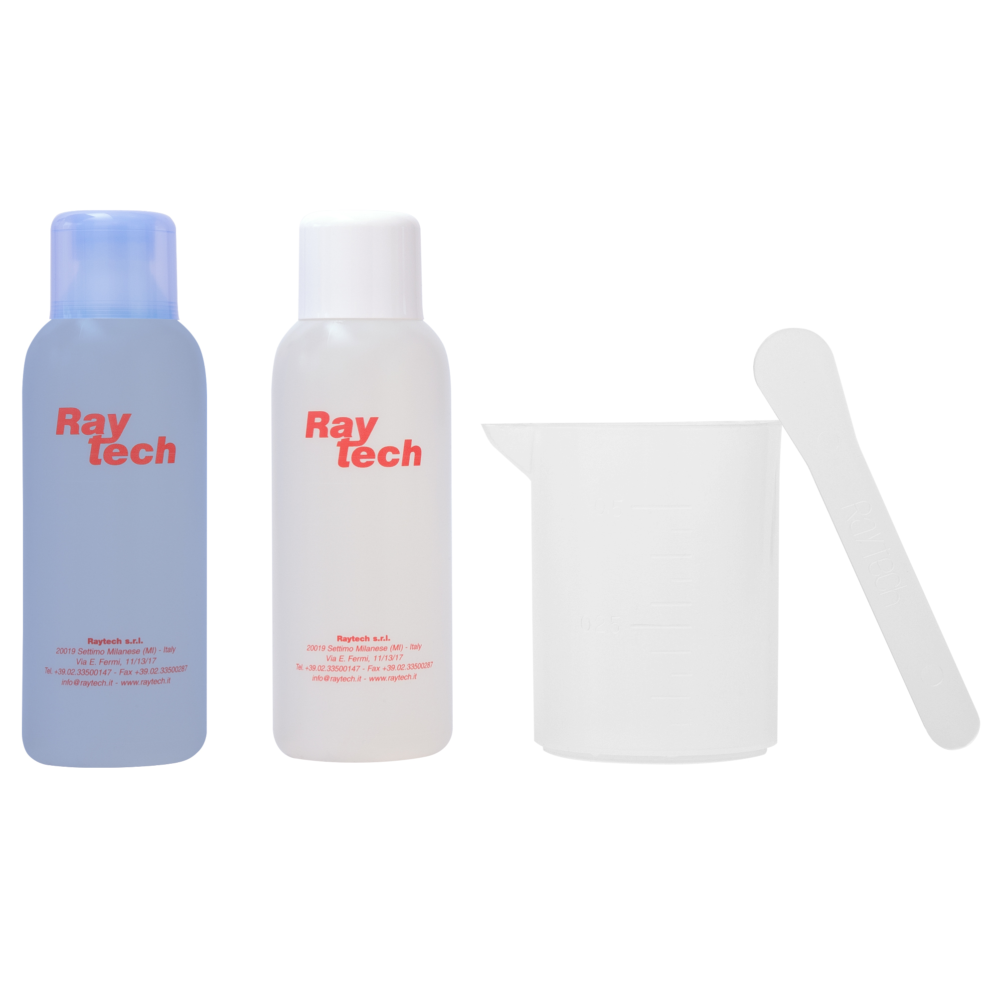 Die zwei Flaschen mit den beiden Komponenten des Zweikomponentengels stehen nebeneinander; daneben sind ein weißer Behälter und ein Rührstab abgebildet