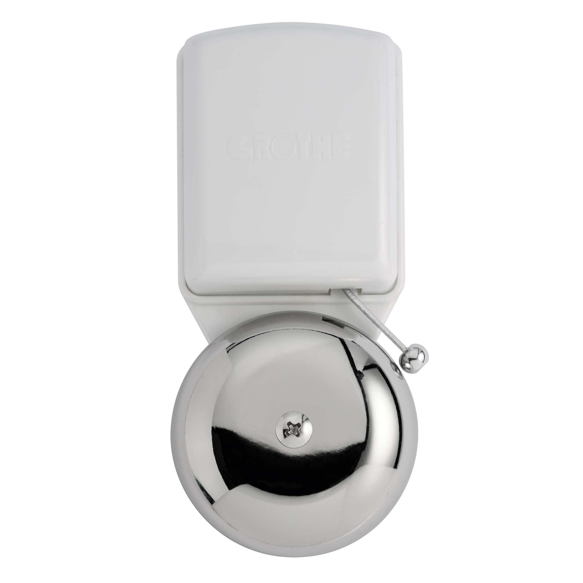 Kleinläutewerk mit weißem Gehäuse, verchromter Glocke und seitlich montiertem Klöppelarm, frontal aufgenommen