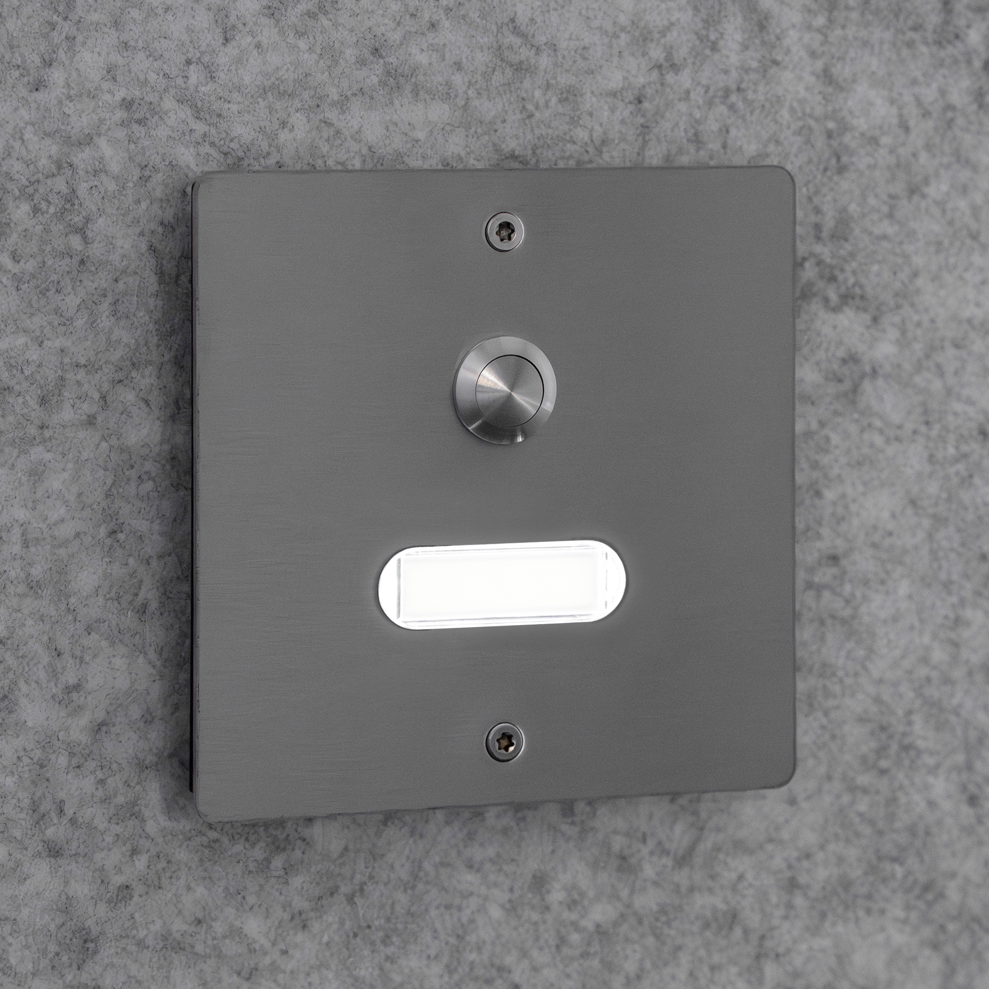 Etagenplatte aus Edelstahl mit rundem Ruftaster und Namensschild in rechteckiger Aussparung, frontale Ansicht.