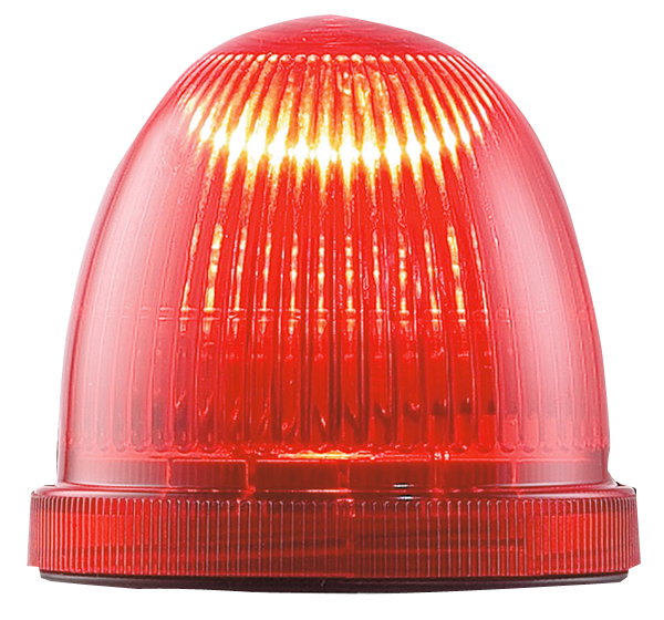 Rote Lichthaube mit geriffeltem Kunststoffgehäuse und leuchtender LED, frontal fotografiert