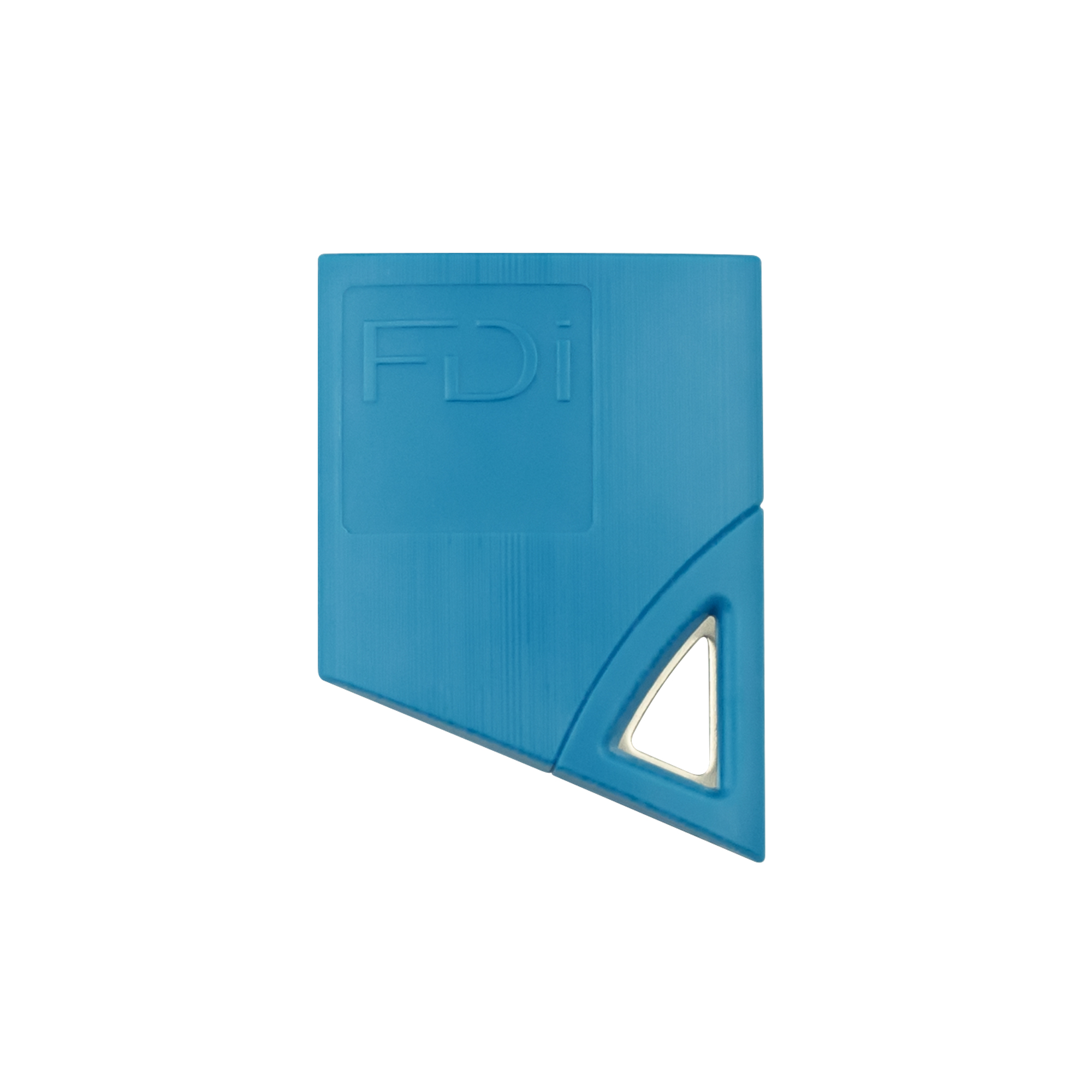 Hellblauer FDI-Näherungsschlüssel in kompakter, abgeschrägter Form mit eingeprägtem Logo und kleiner silberner Metallöse.