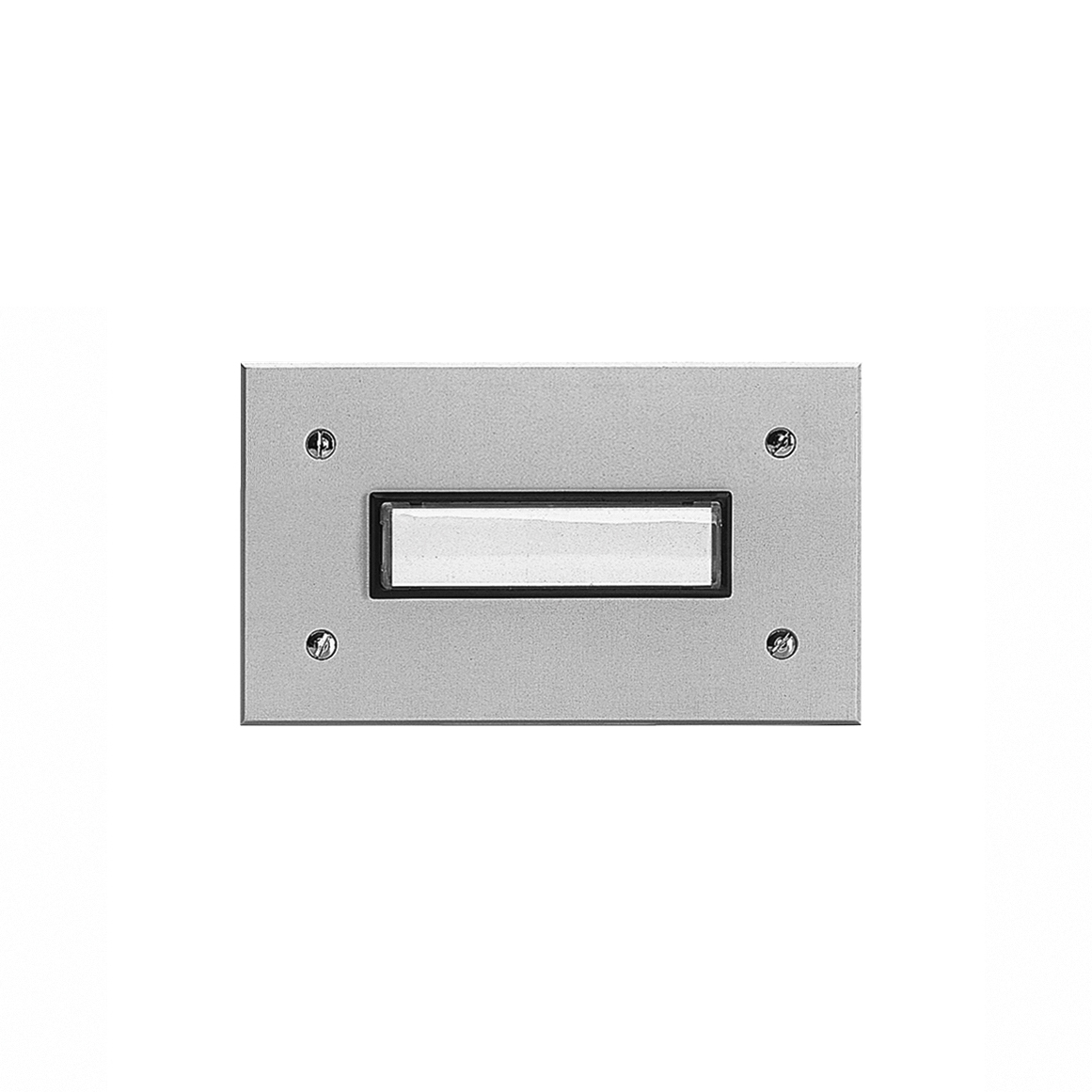 Rechteckiger Klingeltaster mit Namensfeld und vier Schrauben, silber eloxierte Aluminiumplatte, Frontalansicht.