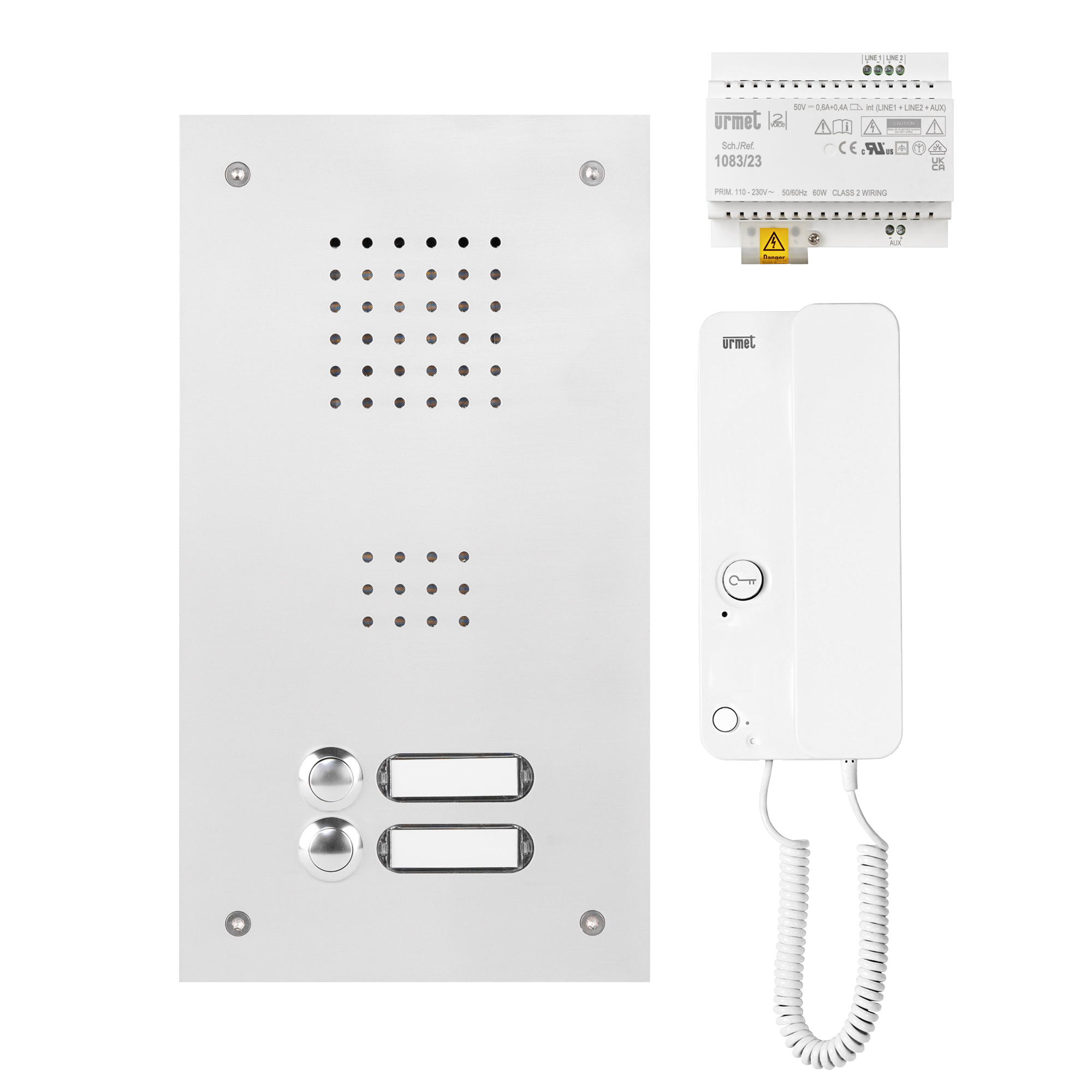 Rechteckige Audio-Türstation aus Aluminium mit zwei Klingelknöpfen und Namensschildern sowie Lautsprecher-Löchern; daneben sind das weiße Haustelefon mit Handhörer sowie ein Netzgerät abgebildet