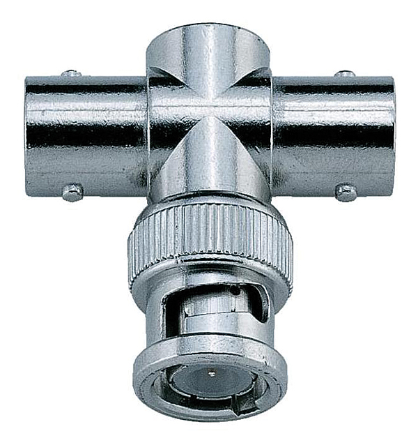 BNC-T-Stück aus Metall mit zwei Buchsenanschlüssen und einem zentralen Steckeranschluss in T-Form.