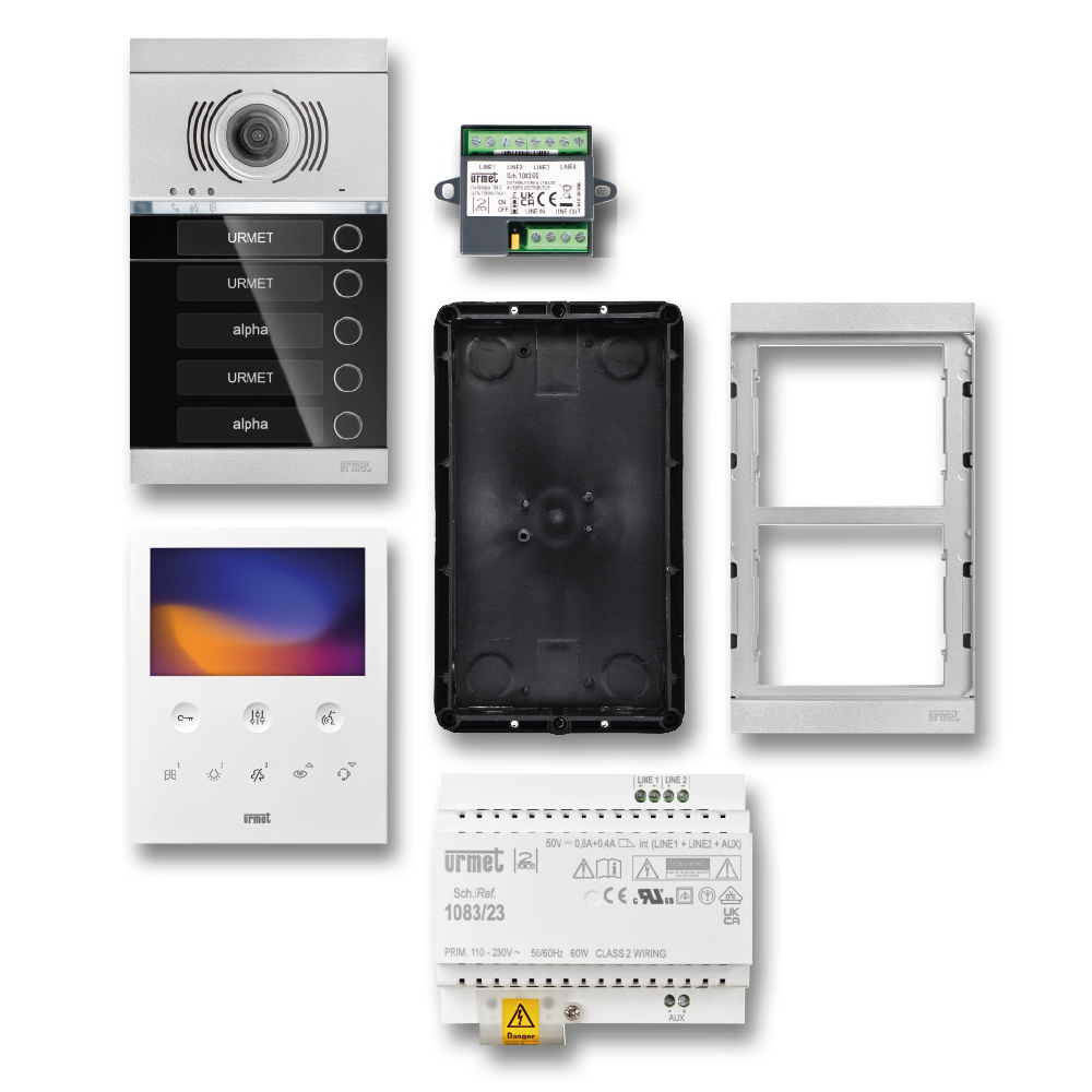 Video-Sprechanlagen-Set Mehrfamilienhaus mit ALPHA Türstation, Videomonitor VOG 5, Adapterrahmen, Unterputzrahmen, Netzgerät und Videoverteiler