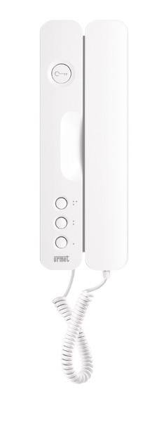 Weißes Haustelefon mit Hörer, drei runden Funktionstasten, Türöffnersymbol, seitlicher Kabelzuführung und Spiralkabel.