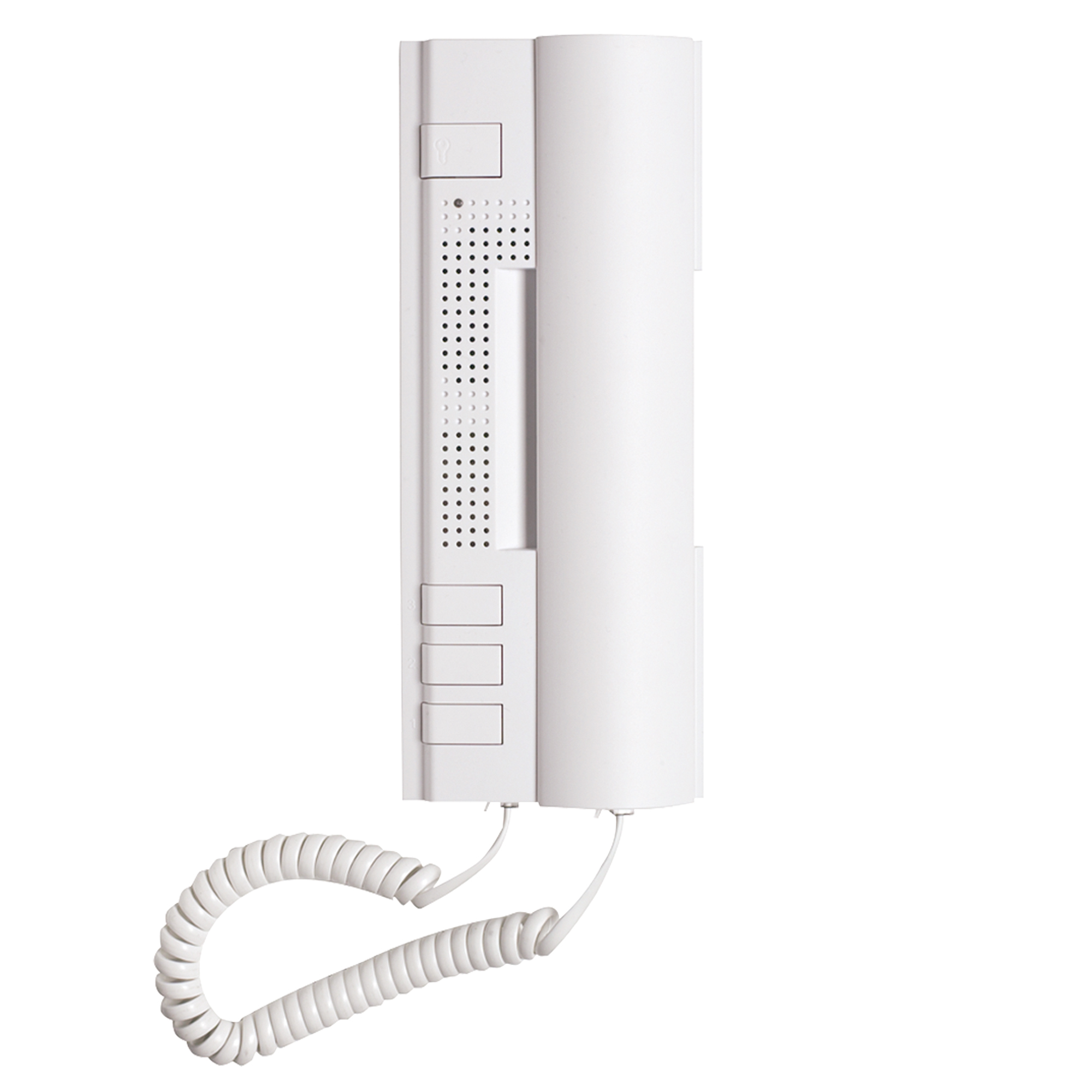 Weißes Haustelefon mit Hörer, drei Tasten und Lautsprechergitter, schräg von vorn gezeigt.