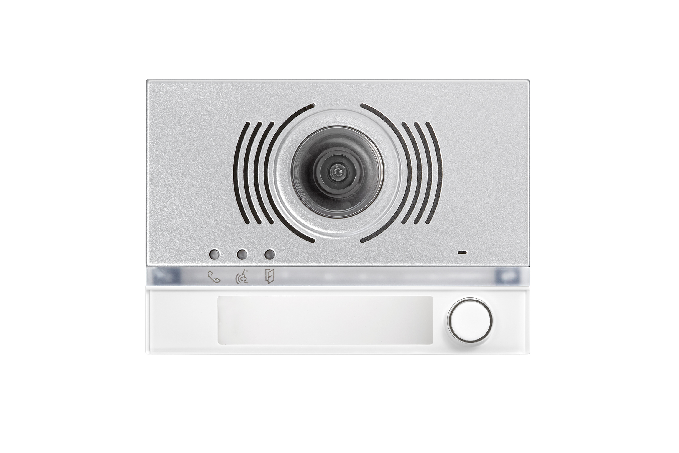 Video-Türlautsprecher-Modul in Silber mit Weitwinkelkamera, weißem Unterteil, Namensfeld und Klingeltaste rechts.