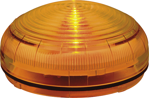 Kompakte LED-Warnleuchte mit oranger Haube und horizontalen Leuchtringen