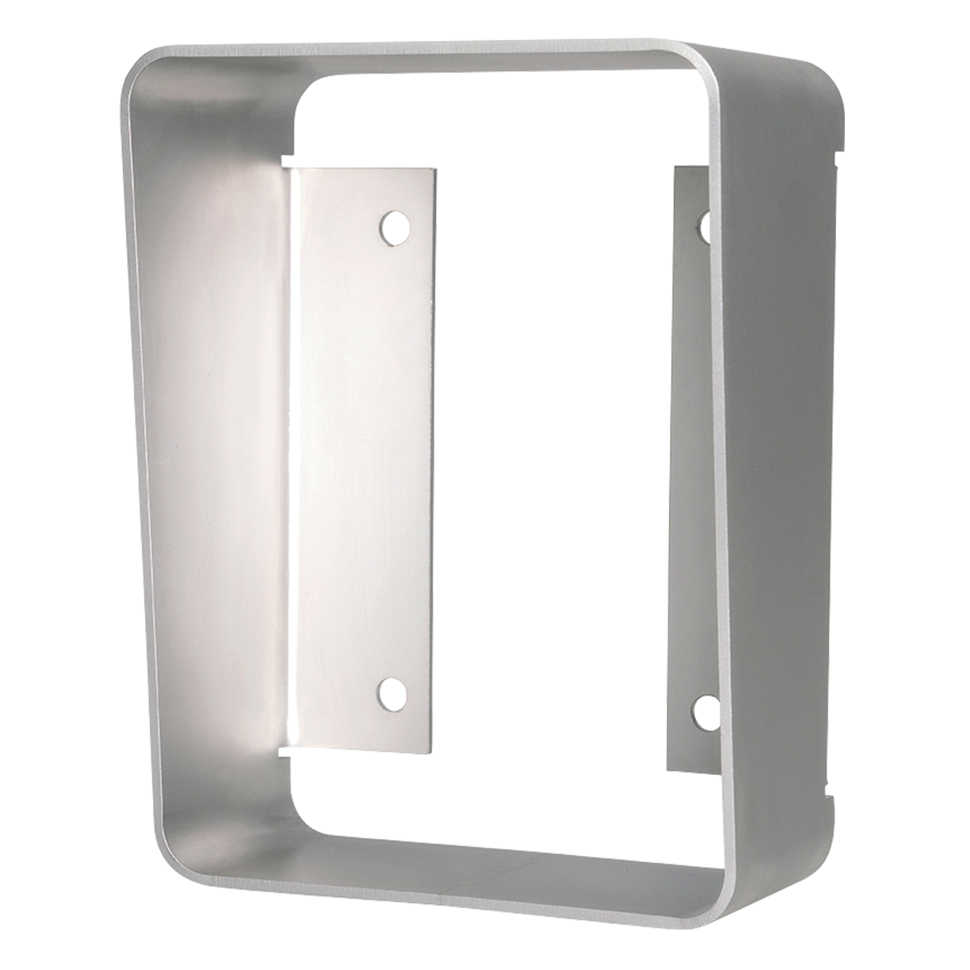 Silbernes Aufputzgehäuse aus Metall mit rechteckiger Form, abgerundeten Kanten und seitlichen Bohrungen zur Befestigung.