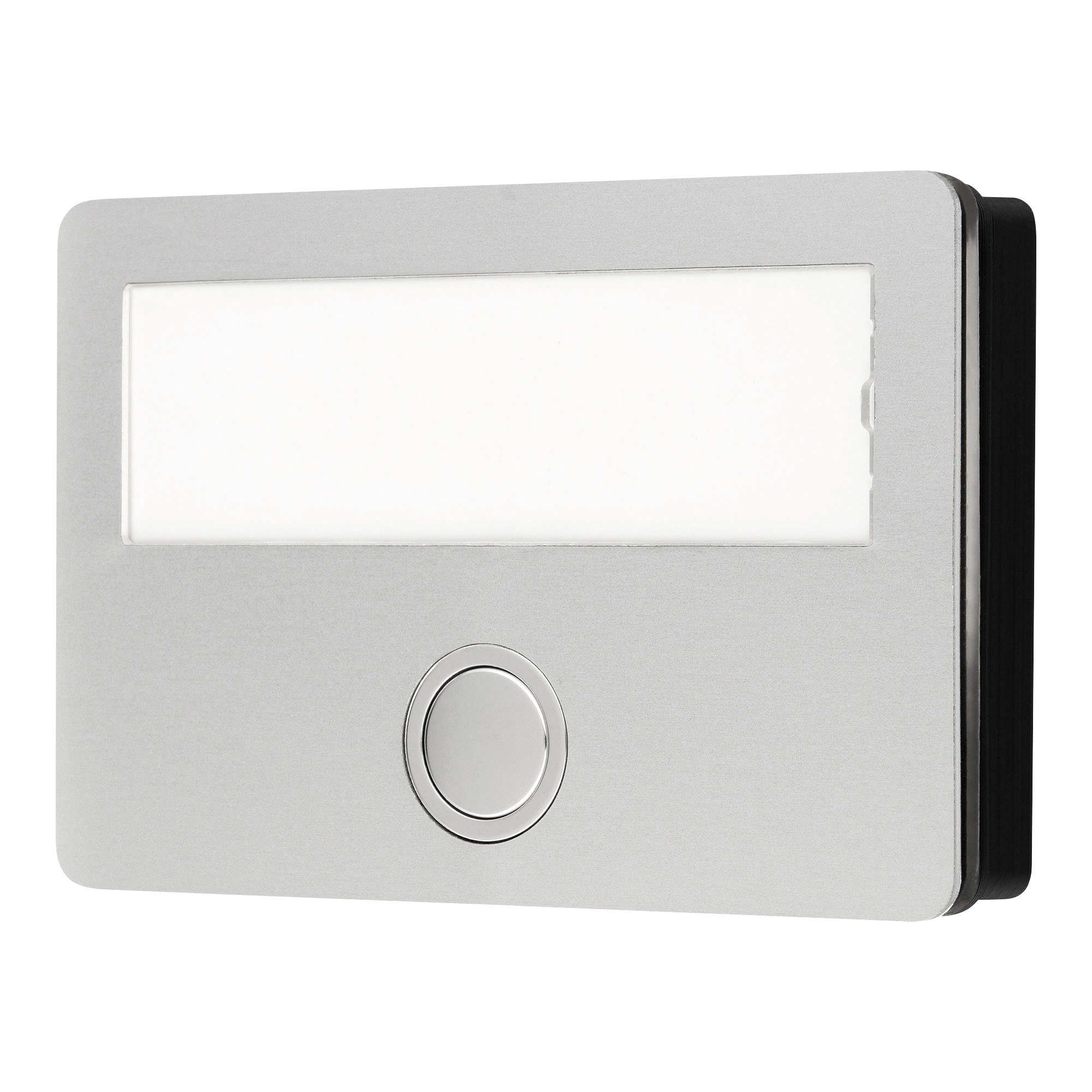 Etagenplatte aus Aluminium mit großem Namensschild und rundem Klingeltaster unten.