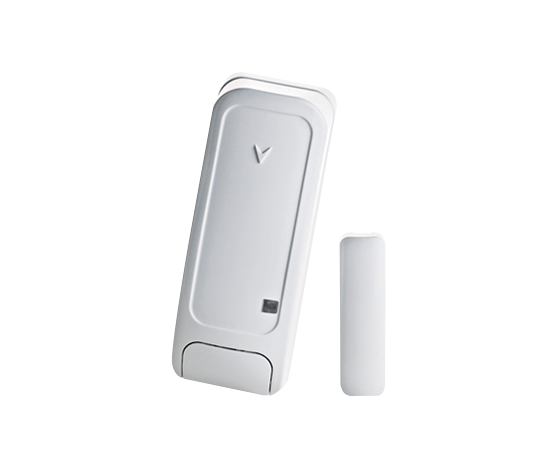 Weißer Öffnungsmelder mit rechteckigem Hauptsensor und kleinerem Magnetkontakt zur Tür- oder Fensterüberwachung.