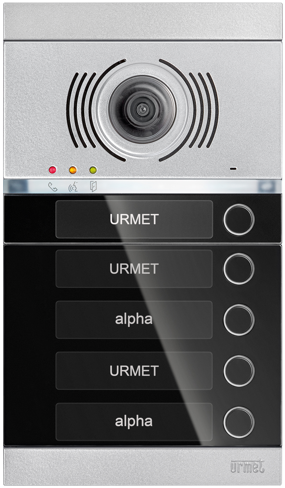 ALPHA-Türstation mit Lautsprecher und darunter untereinander Klingeltaster neben Namensschildern