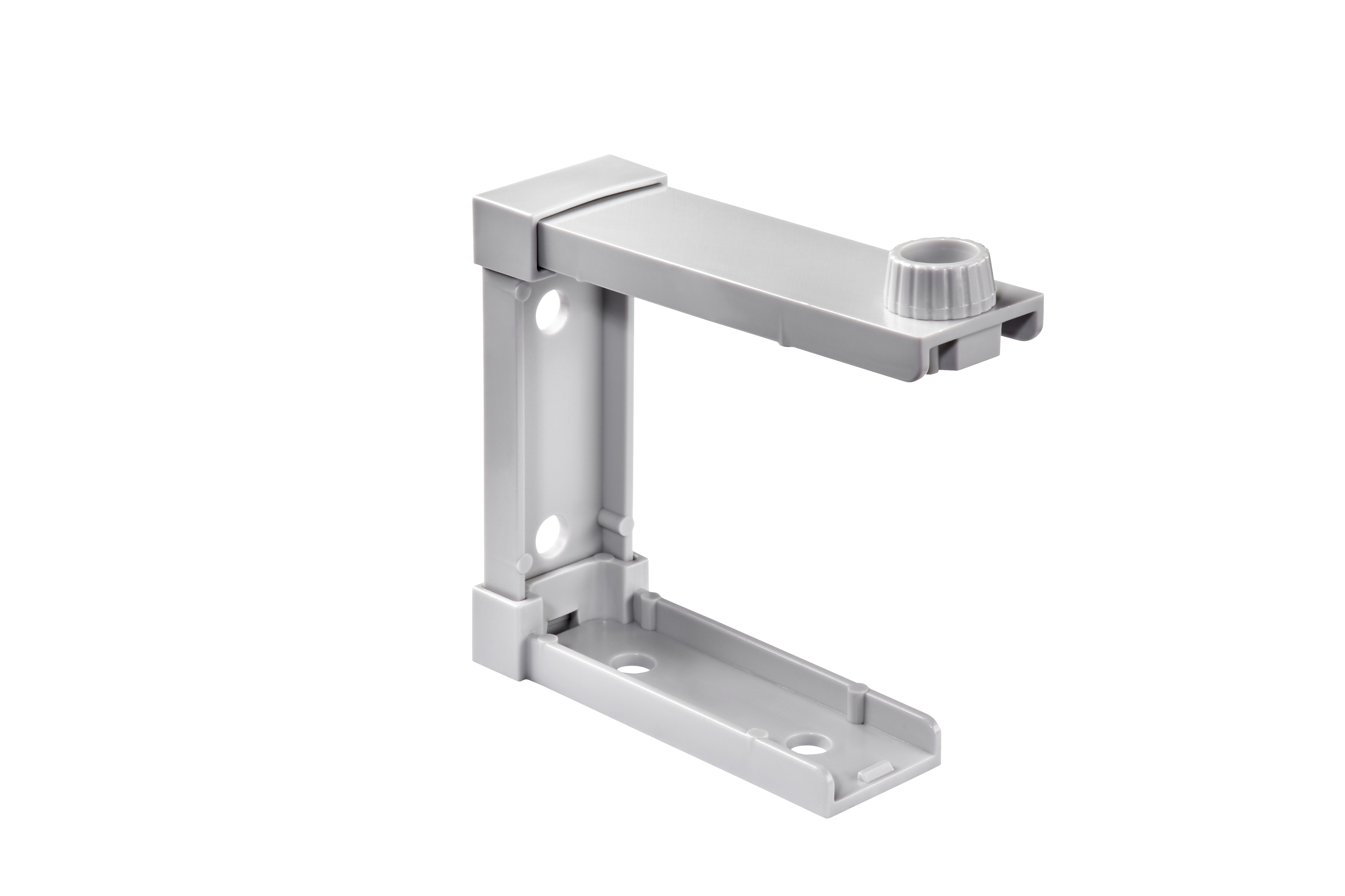 Graue Kunststoffhalterung mit Befestigungslöchern und Drehkopf, geeignet zur Wandmontage einer Außenantenne im Außenbereich.