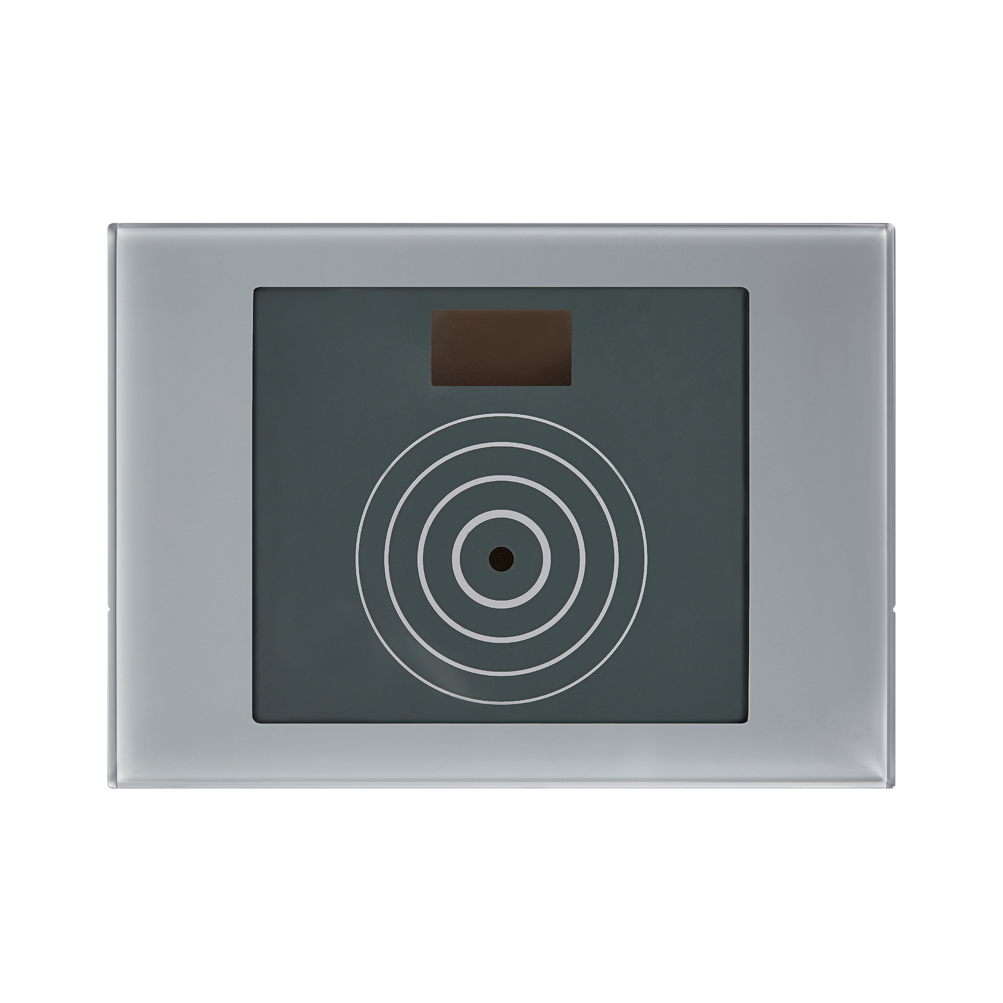 Graues Lesegerät-Modul mit dunkler Fläche, darauf konzentrische weiße Kreise und ein Sensorpunkt in der Mitte.