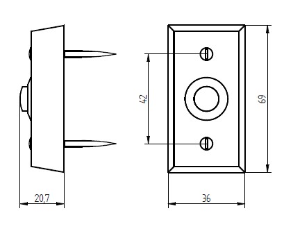 Klingeltaster aus strukturiertem und brüniertem Messing mit rundem schwarzem Taster und zwei Schraublöchern.
