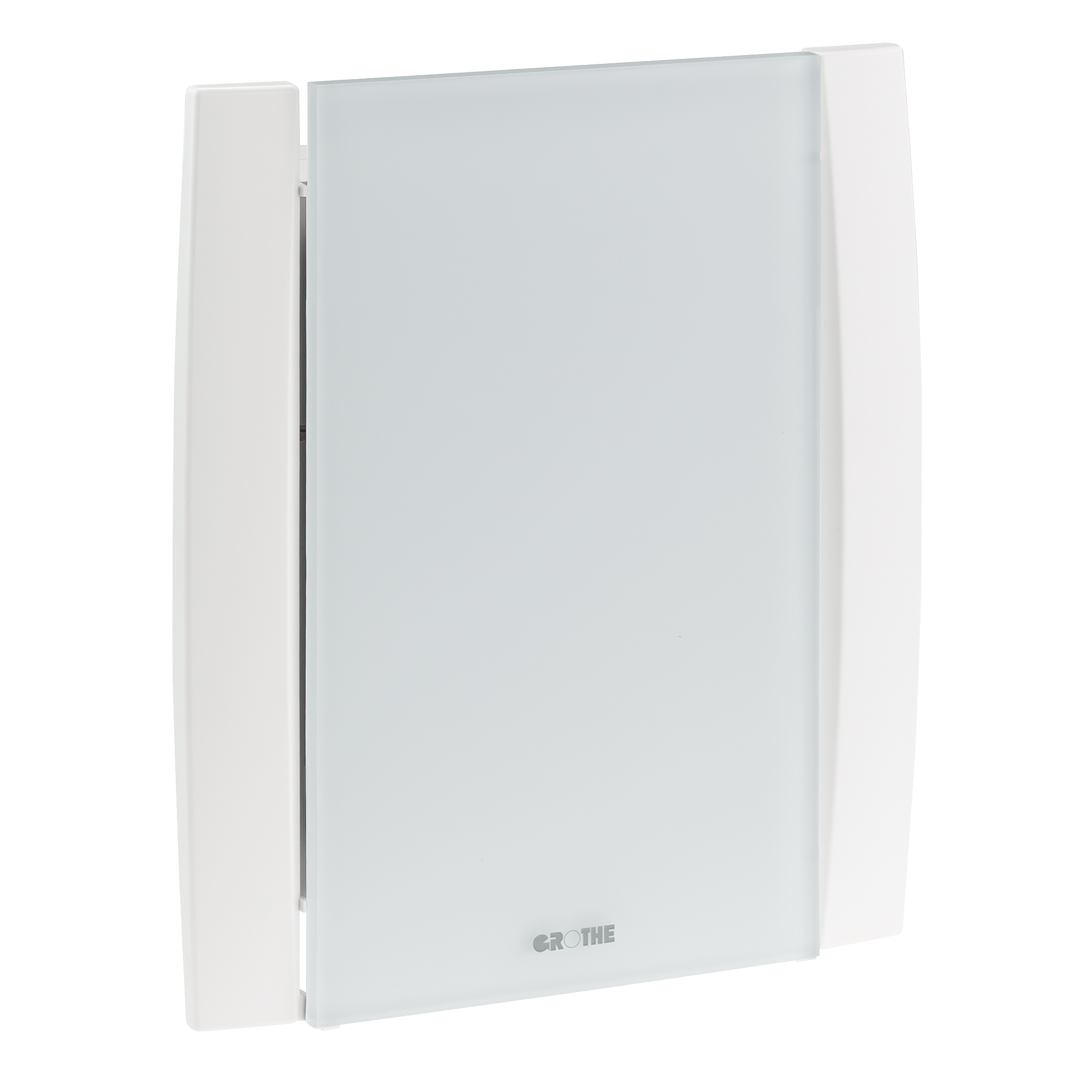 Elektronik-Gong mit satinierter Acrylfront und weißen Seiten, leicht schräge Frontalansicht.