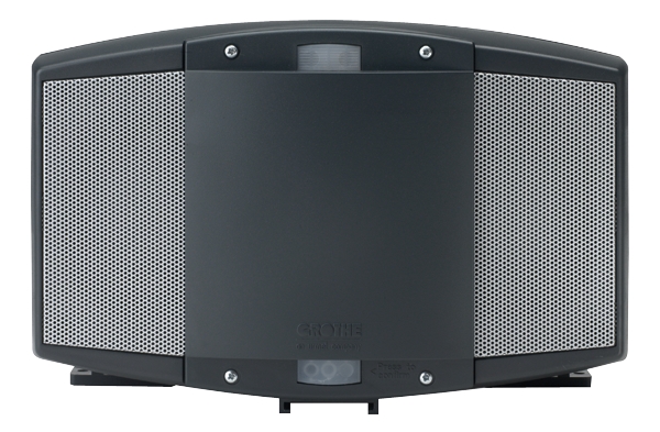 Schwarzer Power-Schallgeber mit gewölbter Front, seitlichen Lautsprechergittern und Sensor in der Mitte