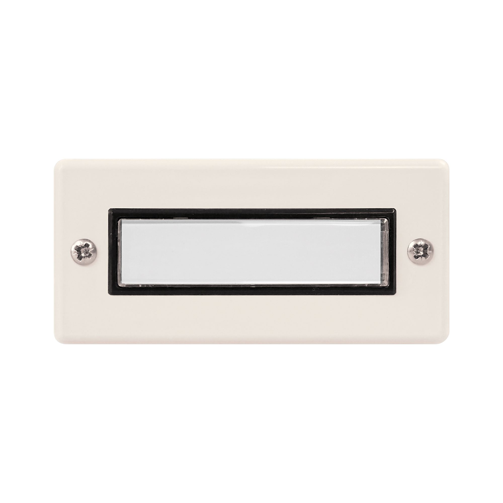 Etagenplatte in cremefarbenem Kunststoff mit rechteckigem Namensschild und zwei sichtbaren Befestigungsschrauben.