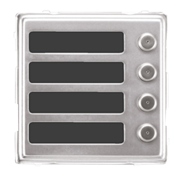 Quadratische silberne Türlautsprecher-Abdeckung, vier schwarze Namensschildfelder oben und vier runde Klingeltaster rechts.