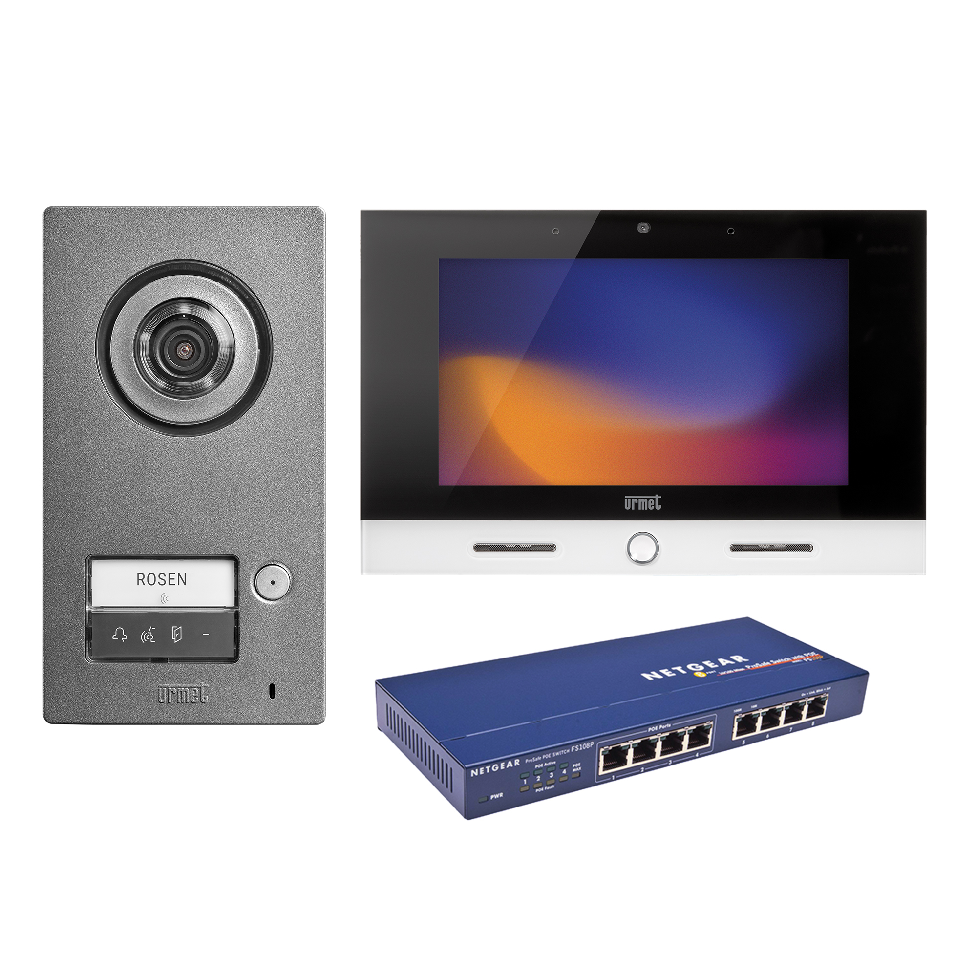 Set mit grauer Türstation samt Kamera und Namensfeld, weiß-schwarzem Videomonitor mit Display sowie blauem Netzwerk-Switch.