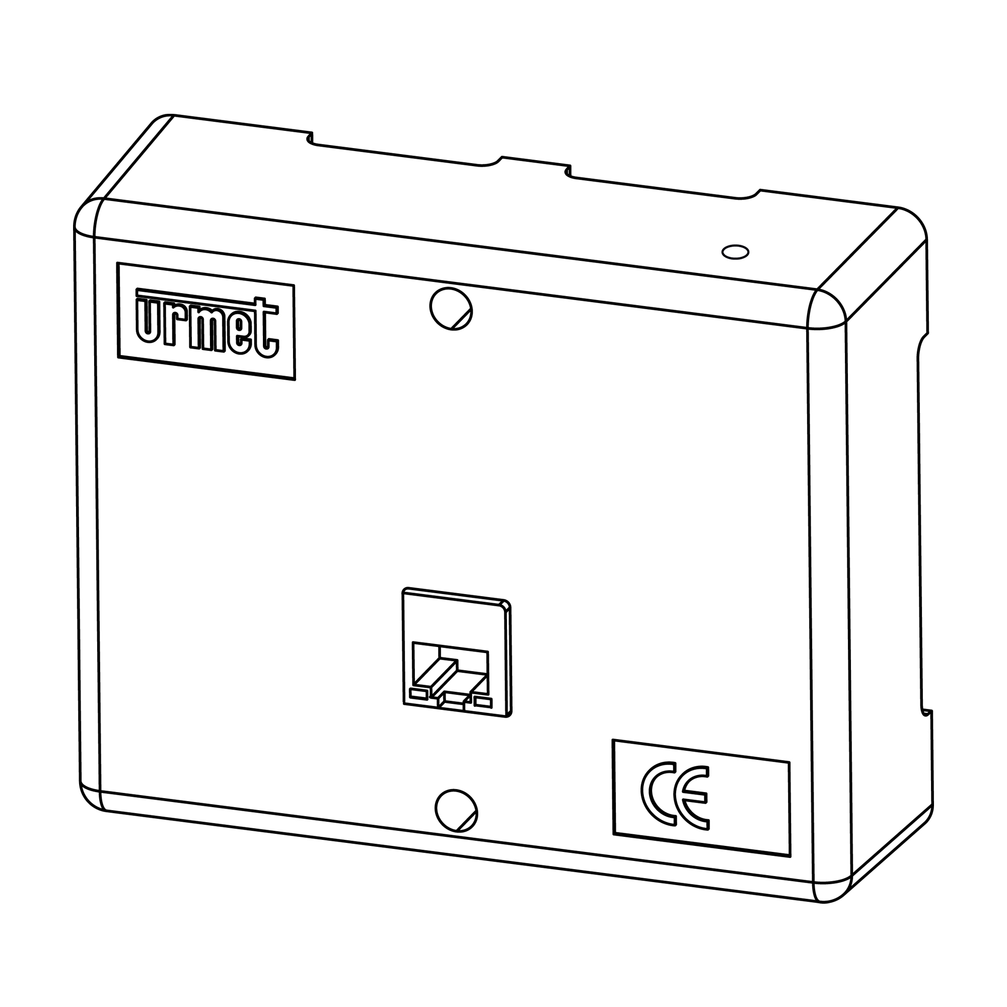 IPerCom Systemuhr von Urmet, rechteckig mit RJ45-Anschluss, Urmet-Logo, CE-Kennzeichnung und zwei Befestigungspunkten.