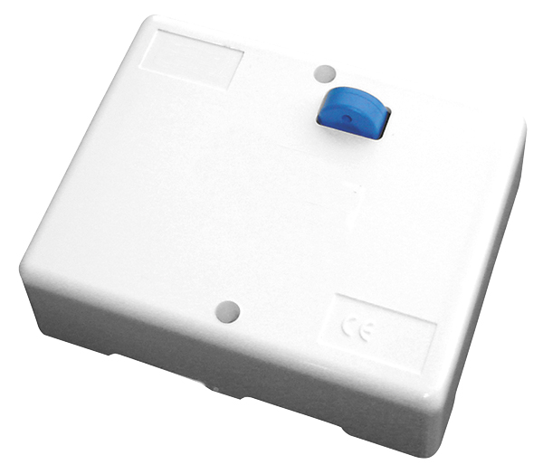 Weiße Kunststoff-Empfänger mit rechteckigem Gehäuse, zwei Befestigungslöchern und blauem Drehregler auf der Oberseite.
