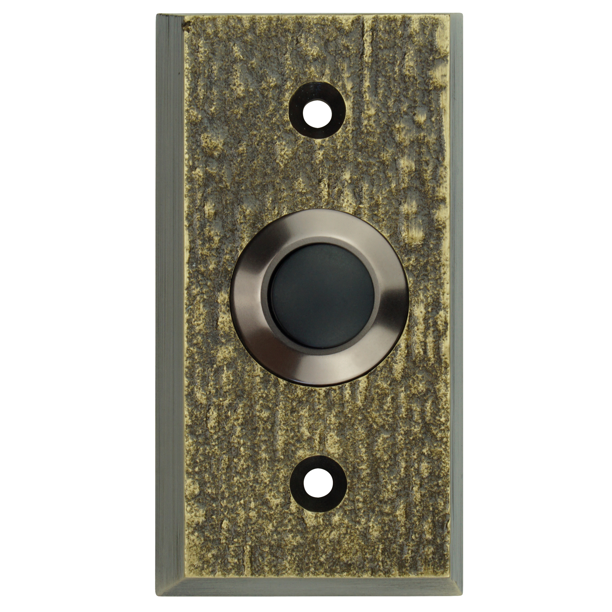 Klingeltaster aus strukturiertem und brüniertem Messing mit rundem schwarzem Taster und zwei Schraublöchern.