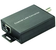 Kompakter schwarzer Coaxial-LAN-Converter mit Koaxial- und Ethernet-Anschluss zur Netzwerkerweiterung über Koaxialkabel.