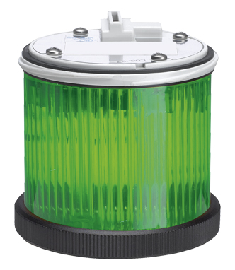 Zylindrische LED-Blinkleuchte mit geriffelter grünfarbiger Abdeckung, schwarzem Sockel und grauem Anschlussgehäuse