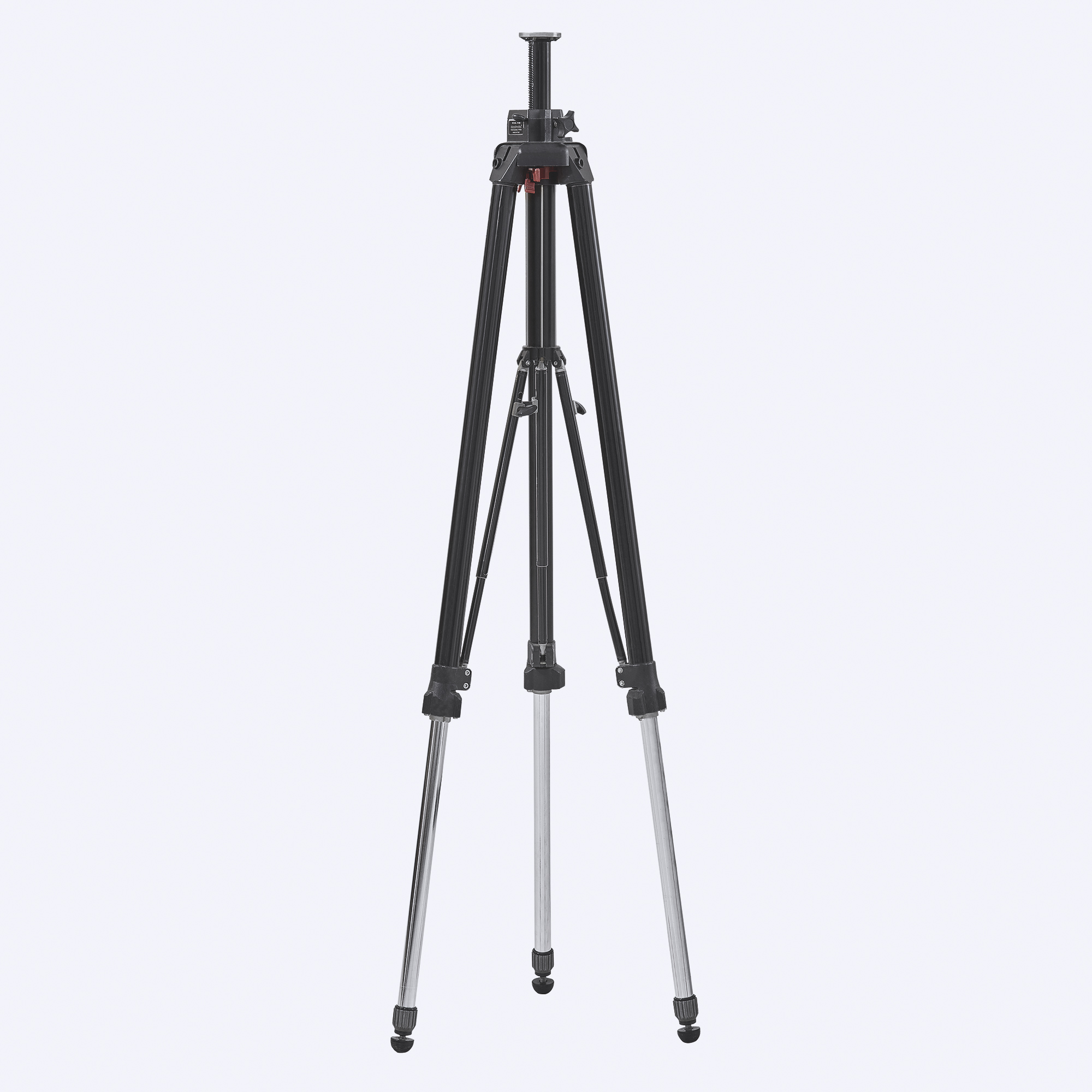 Schwarzes Kamerastativ mit verstellbaren Beinen, Griff und Haken, leicht schräg von vorn fotografiert