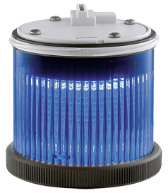 Zylindrisches Blinklicht mit geriffelter blaufarbiger Abdeckung, schwarzem Sockel und grauem Anschlussgehäuse