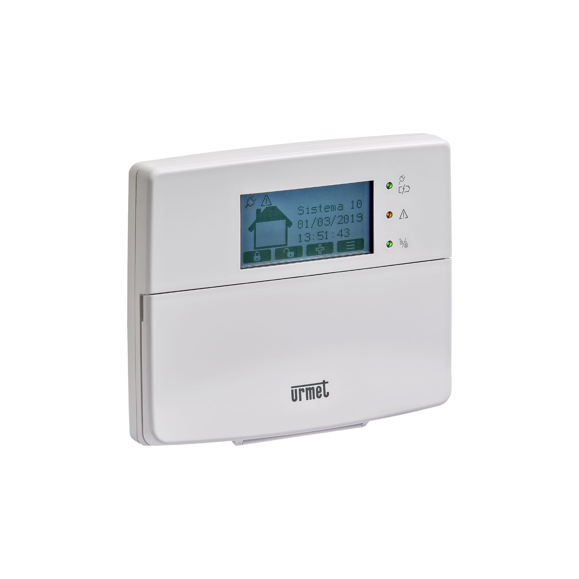 Weiße, rechteckige LCD-Bedientastatur mit beleuchtetem Display, Status-LED und ausklappbarer Tastaturabdeckung.