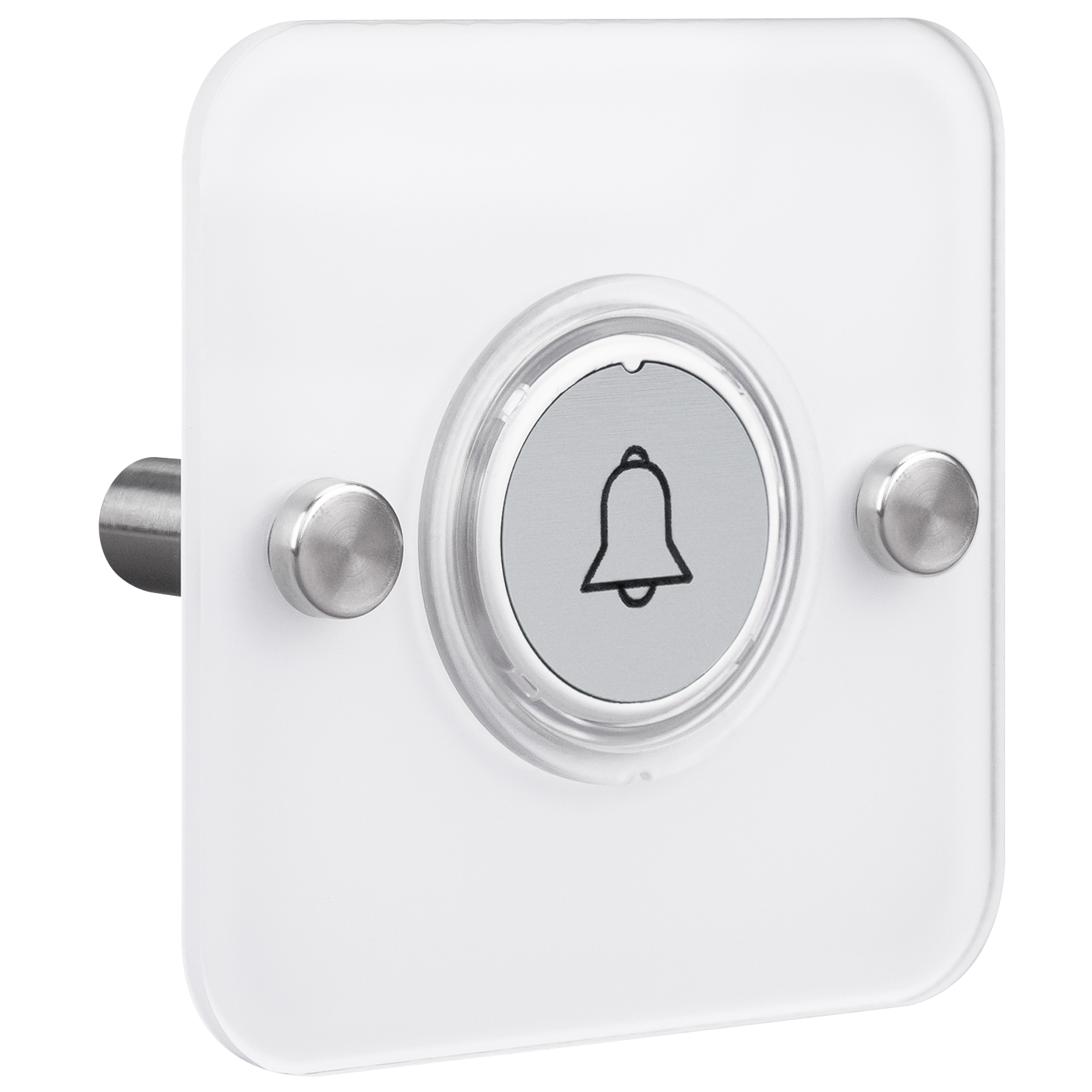Funksender mit weißer Acrylblende, runder Taste mit Glockensymbol und seitlichen Edelstahlhalterungen, Aufputzmontage.