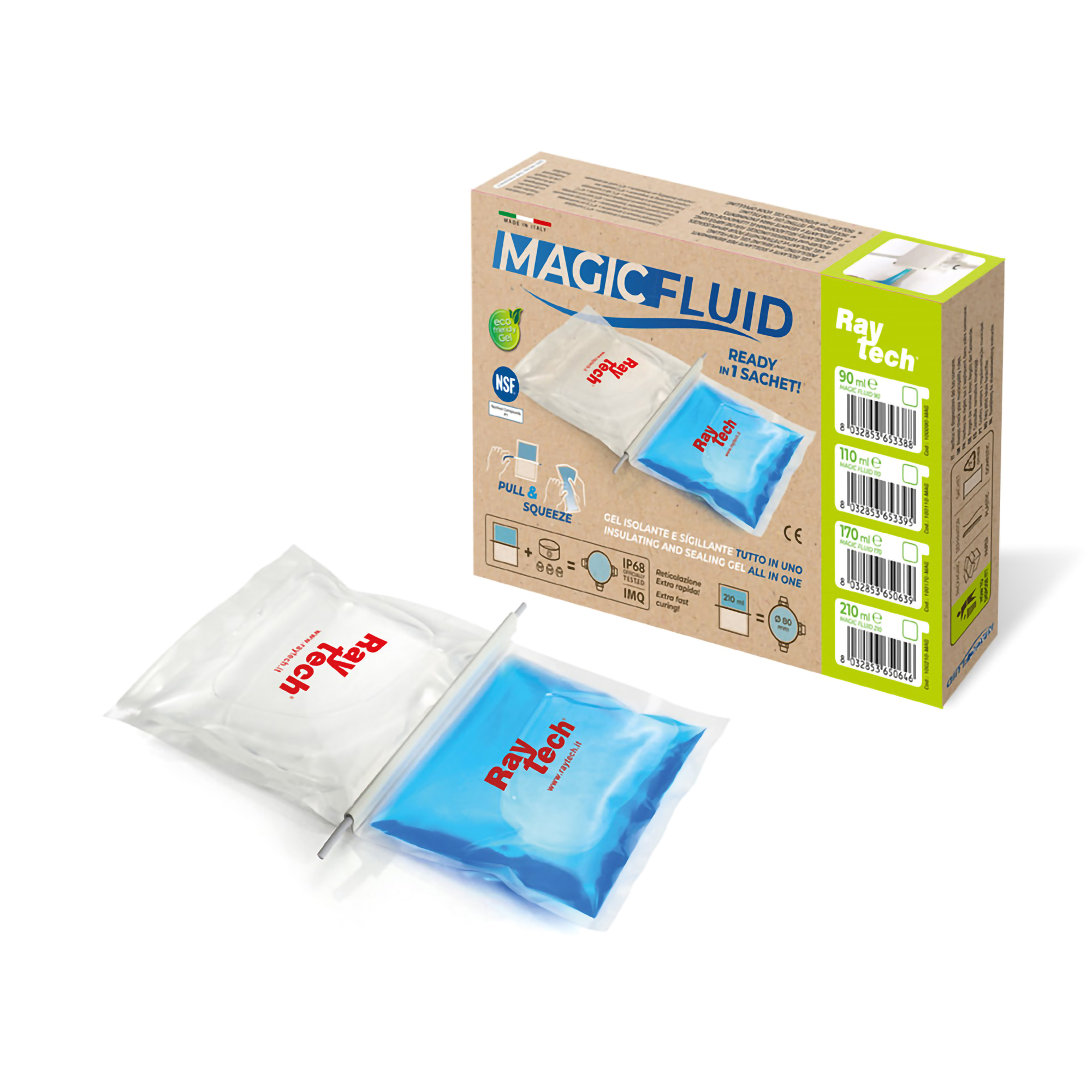 In einem transparenten Zwei-Kammer-Beutel befinden sich das weiße Gel und das blaue Gel; dahinter ist die Verpackung des Artikels abgebildet