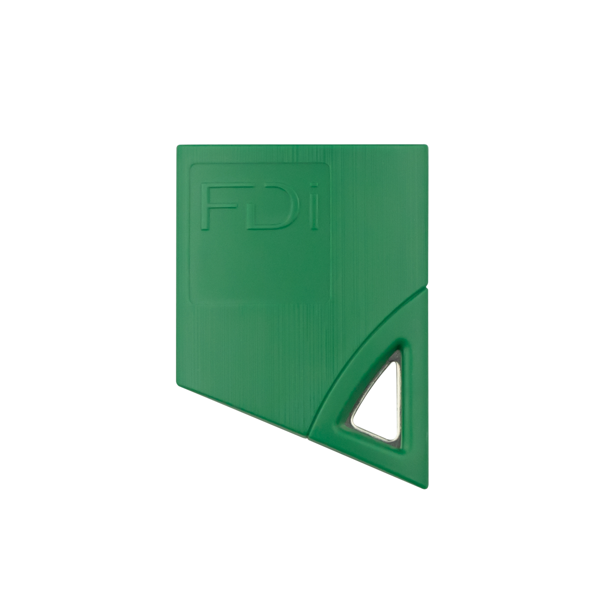 Grüner FDI-Näherungsschlüssel in kompakter, abgeschrägter Form mit eingeprägtem Logo und kleiner silberner Metallöse.