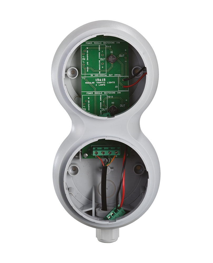 Basis-Ampelmodul mit offenem Gehäuse, zwei runden Fächern mit Platinen, Klemmen und Leitungsanschlüssen