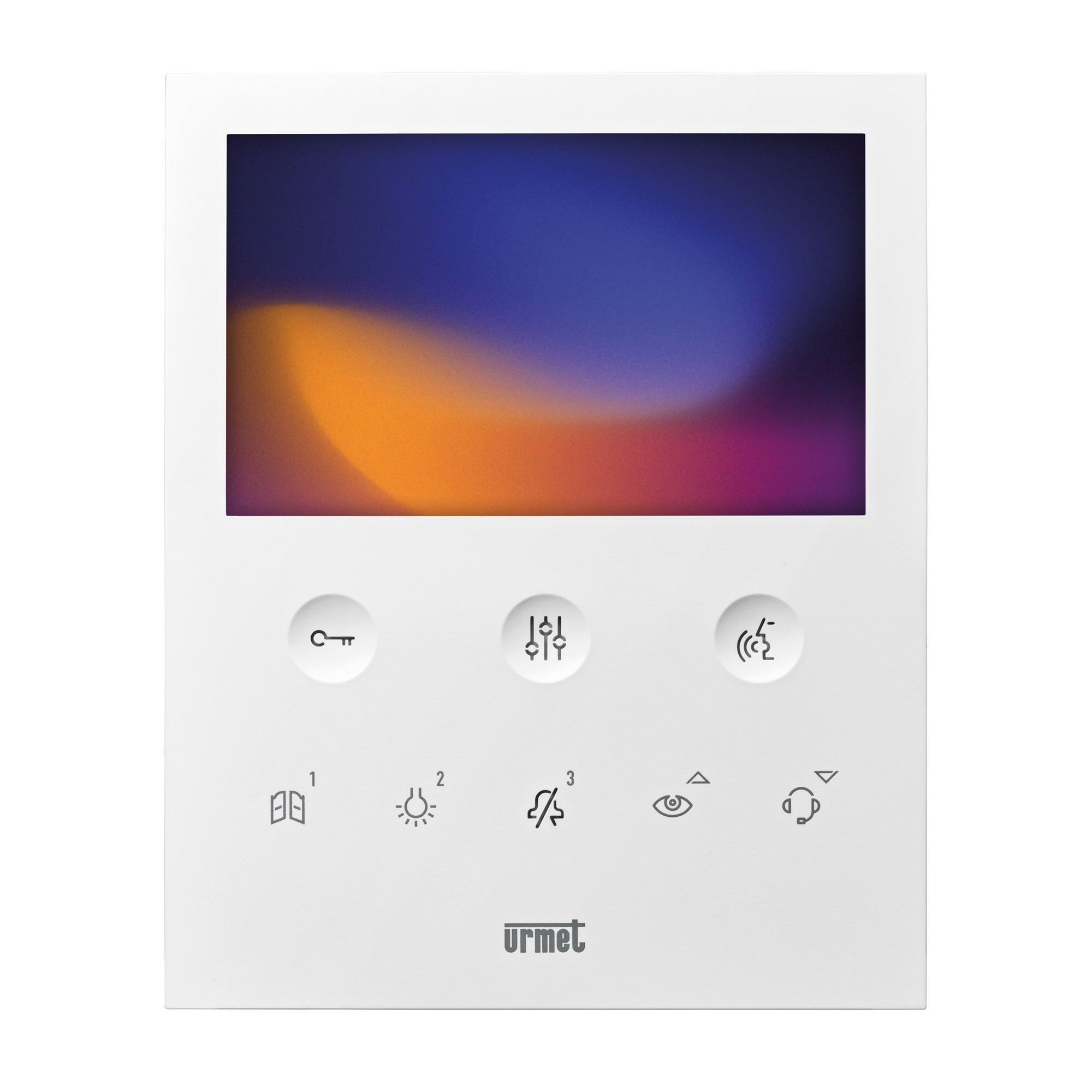 Weißer Videomonitor mit Farbdisplay, drei runden Tasten, acht Symbolen zur Bedienung und Urmet-Logo, frontale Draufsicht.