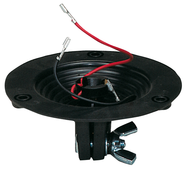 Schwarzer Aufsteckflansch mit runder Grundplatte, Anschlusskabeln und Flügelschraube