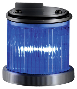 Zylindrische LED-Warn- und Blinkleuchte mit geriffelter blaufarbiger Abdeckung, schwarzem Sockel und Anschlussgehäuse