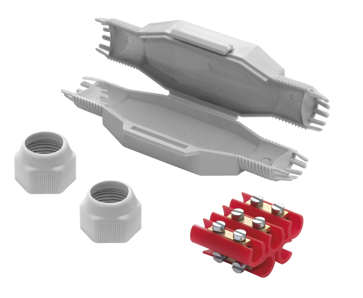 Graue Mikro-Verbindungsmuffe, daneben liegen eine Schraubklemme und Kabelverschraubungen