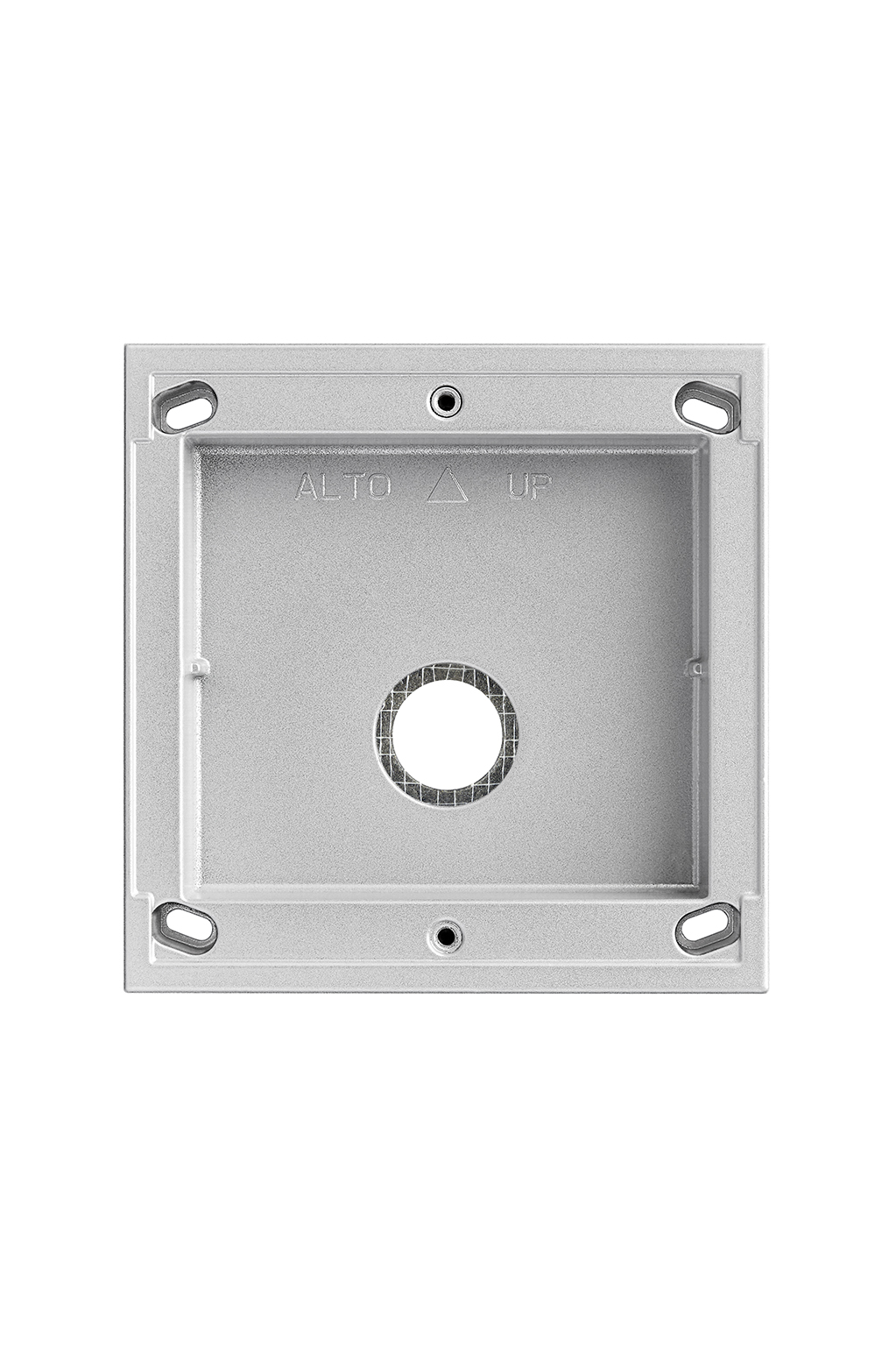 Graues Aufputzgehäuse für Türstation, rechteckige Form mit zentraler Kabelöffnung und vier Befestigungspunkten.